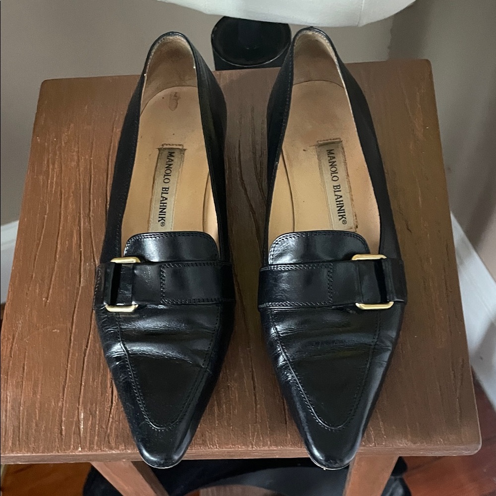 Manolo Blahnik Black Leather Pointed Loafers with Gold Buckle